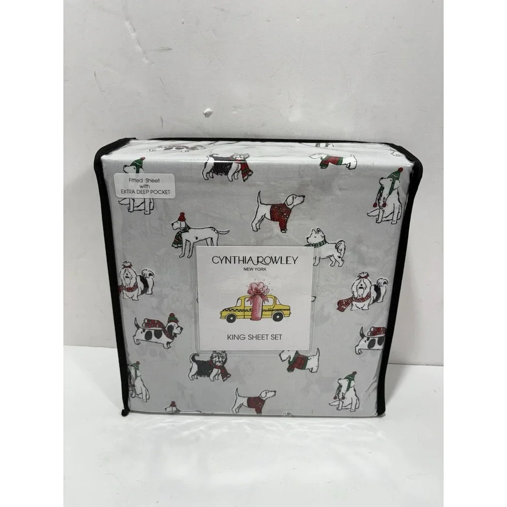 Cynthia Rowley Christmas Dog KING Sheet‎ Set Holiday Winter Sweater Scarf XDeep